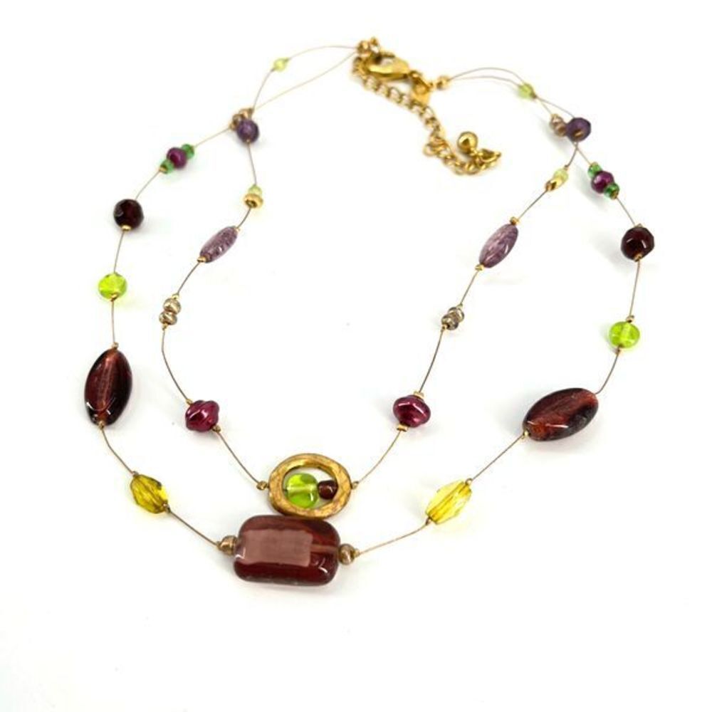 Chico’s beaded layered career necklace purple & green Goldtone